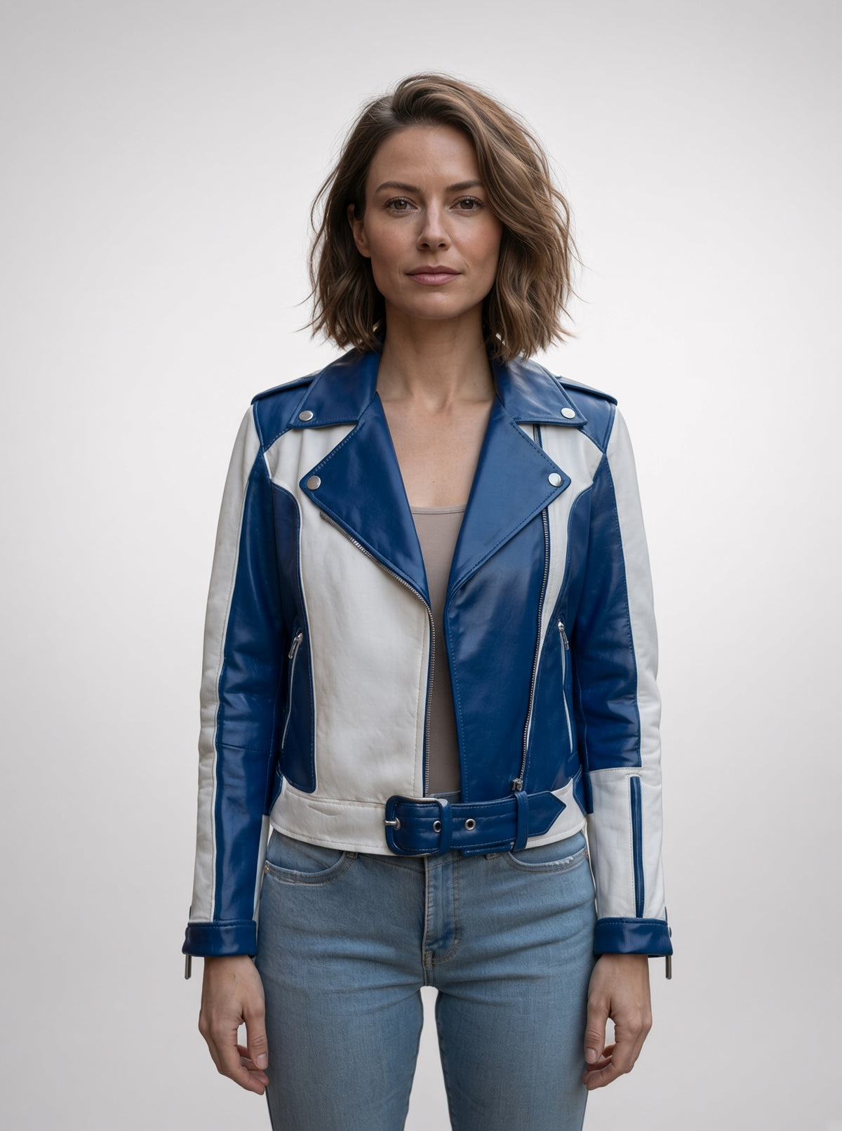 Ehlia Blue & White Stylish Leather Jacket For Women