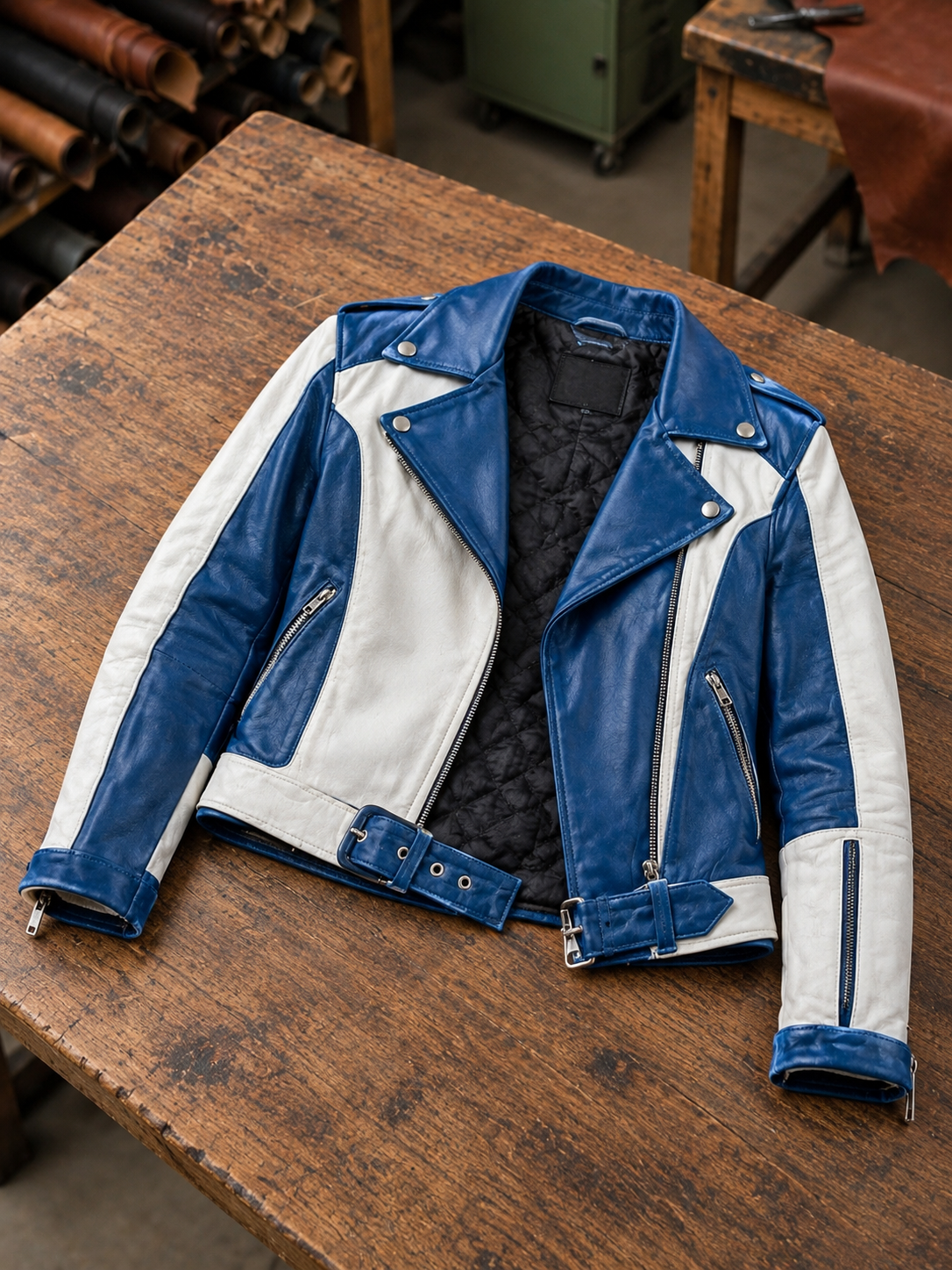 Ehlia Blue & White Stylish Leather Jacket For Women