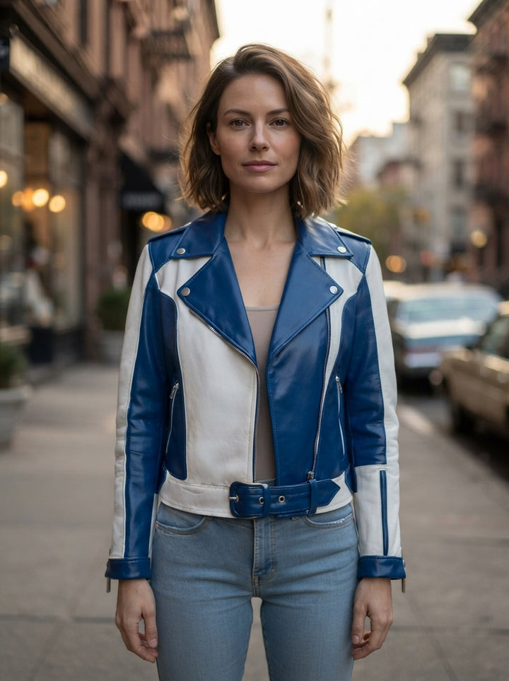 Ehlia Blue & White Stylish Leather Jacket For Women