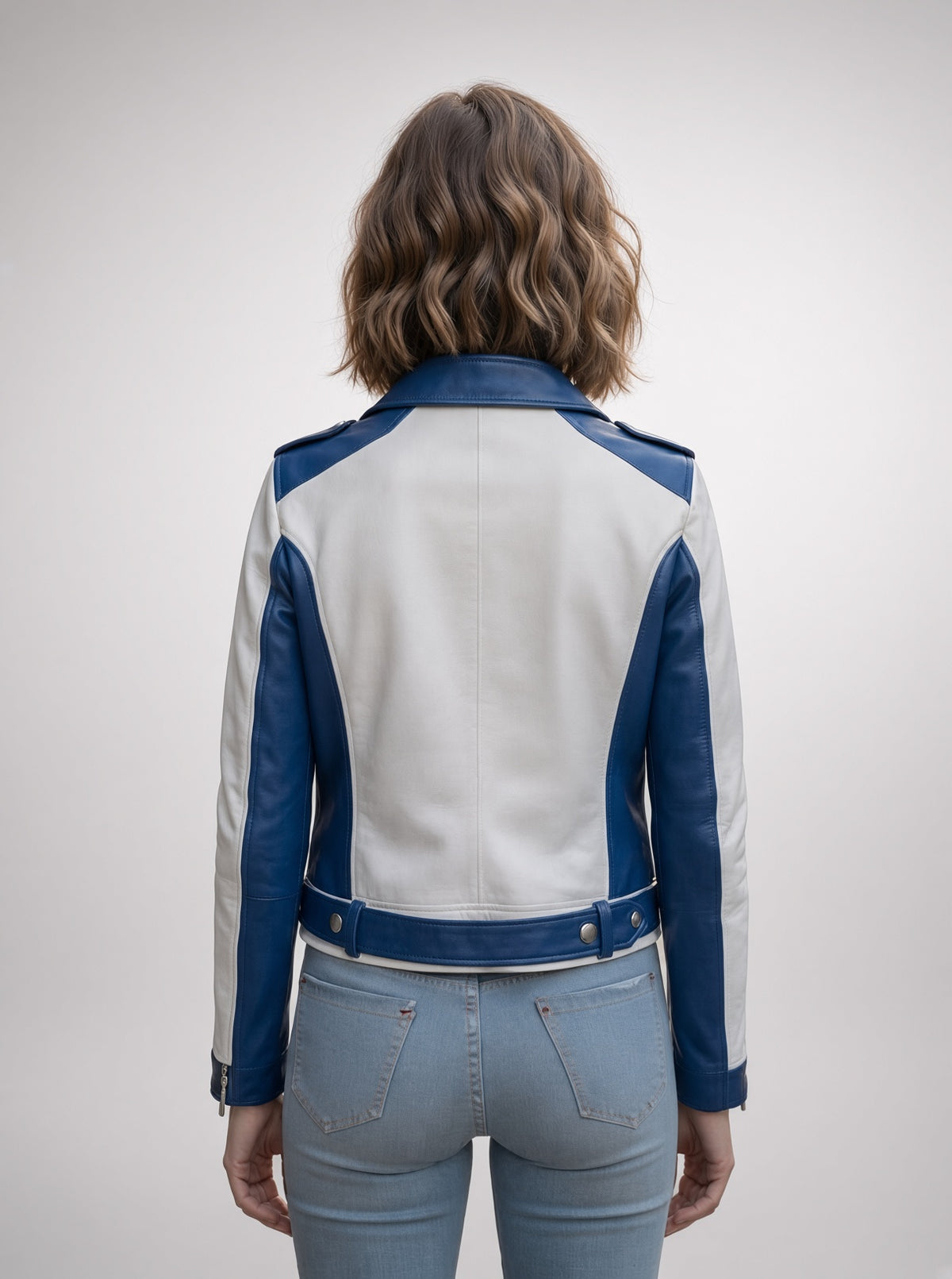 Ehlia Blue & White Stylish Leather Jacket For Women