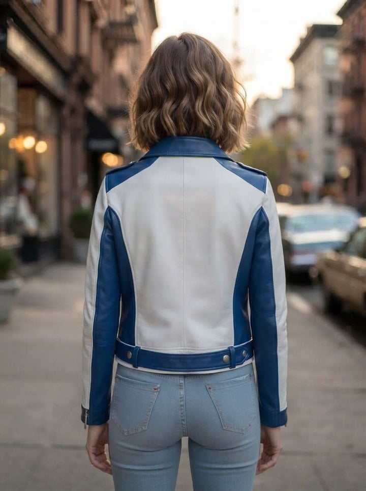 Ehlia Blue & White Stylish Leather Jacket For Women