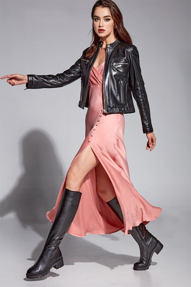 Black Sara Leather Jacket For Women's