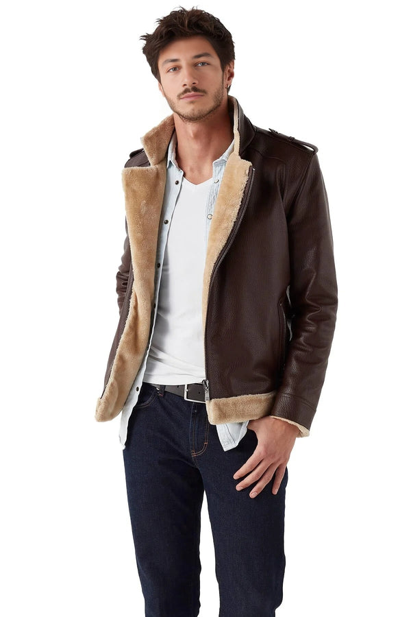 Damian Brown Fur Shearling Leather Jacket For Men