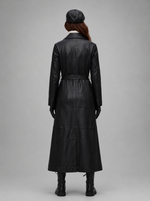 Elsei Black Long Leather Coat With Center Belt For Women