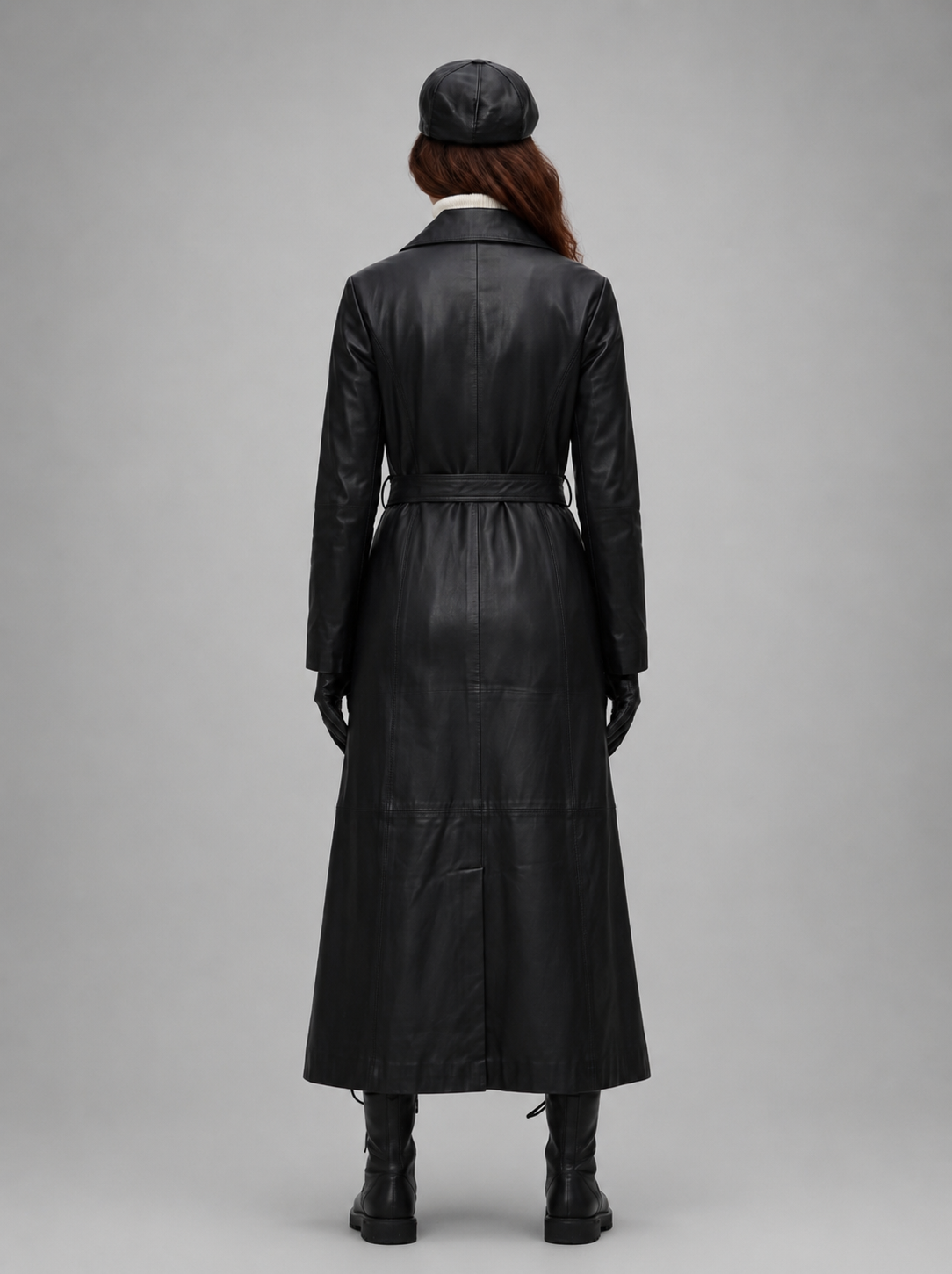 Elsei Black Long Leather Coat With Center Belt For Women