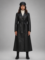 Elsei Black Long Leather Coat With Center Belt For Women