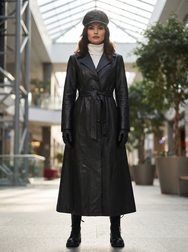 Elsei Black Long Leather Coat With Center Belt For Women