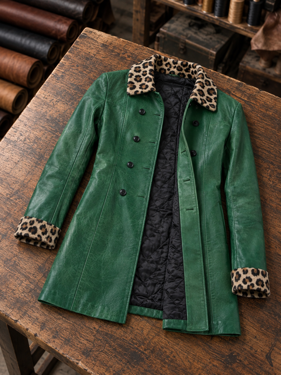 Emerald Green Leather Coat with Leopard Print Trim