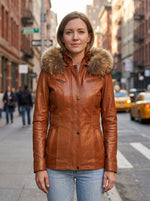 Emerson Orange Leather Jacket With Hood For Women