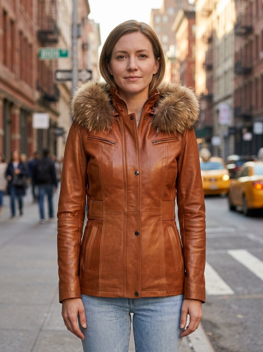 Emerson Orange Leather Jacket With Hood For Women