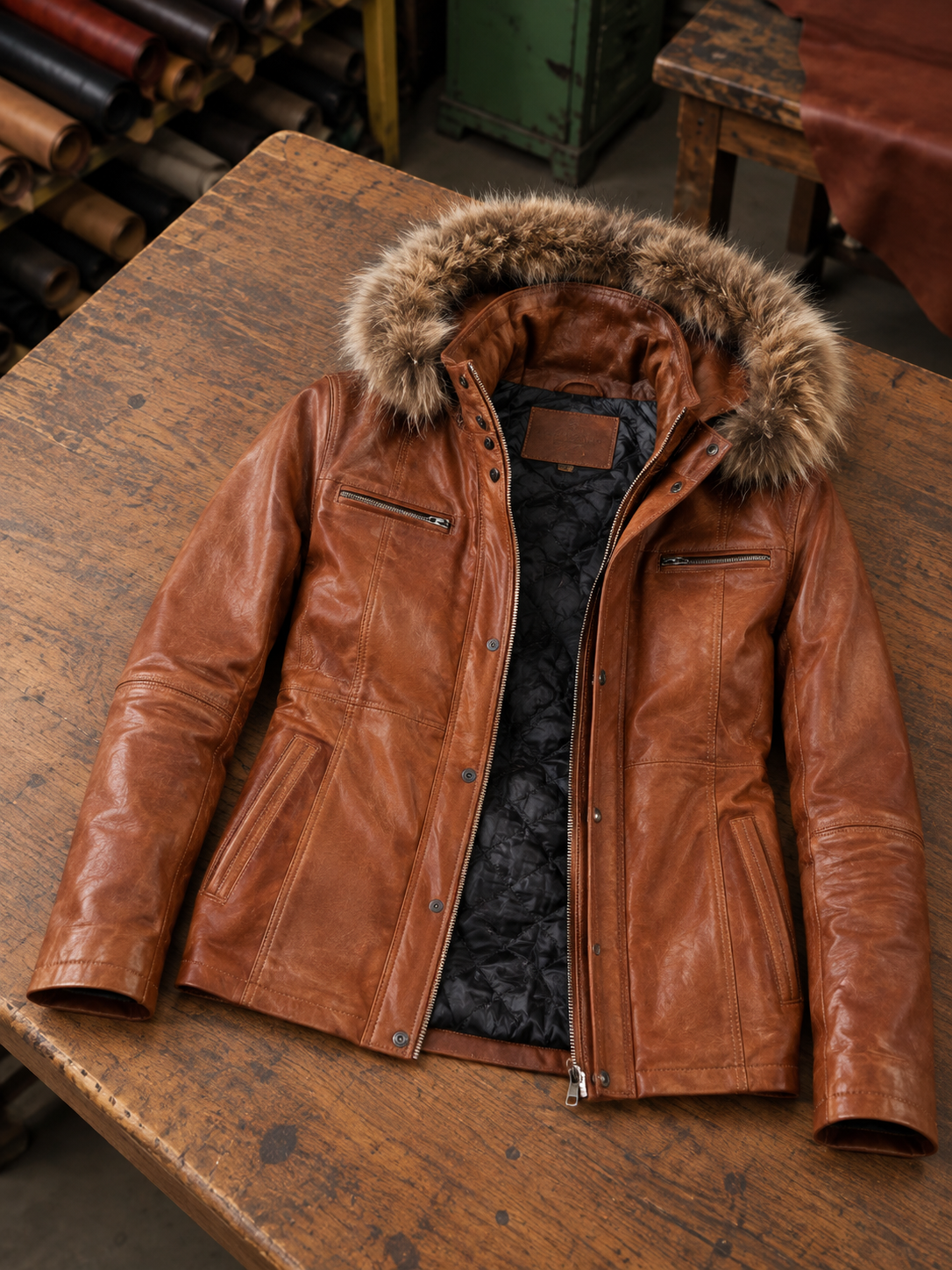 Emerson Orange Leather Jacket With Hood For Women