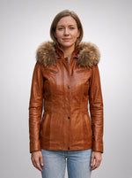 Emerson Orange Leather Jacket With Hood For Women