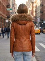 Emerson Orange Leather Jacket With Hood For Women
