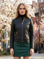 Emily Short Black Leather Jacket For Women