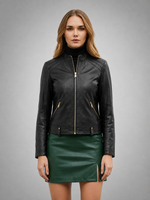 Emily Short Black Leather Jacket For Women
