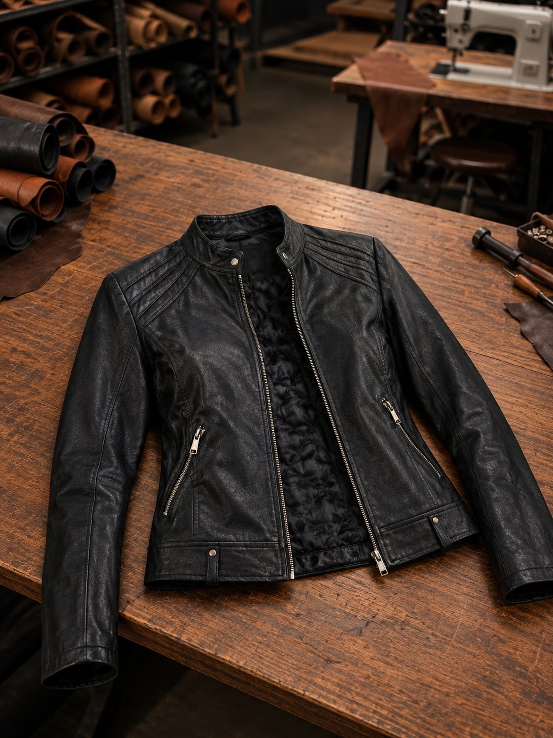 Emily Short Black Leather Jacket For Women