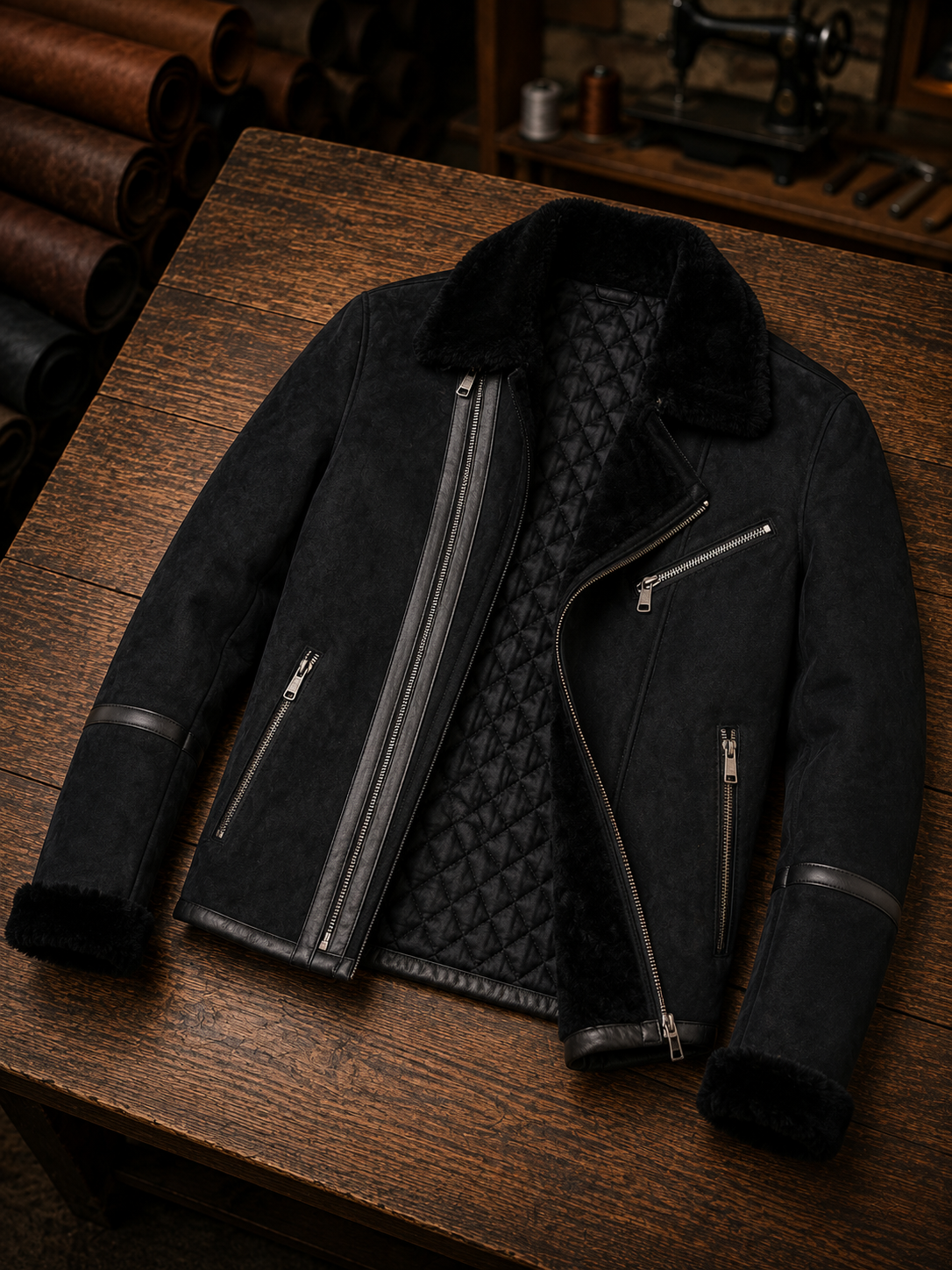 Enzo Black Fur Collar Leather Jacket For Men