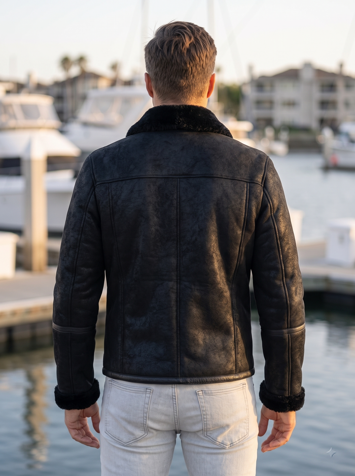 Enzo Black Fur Collar Leather Jacket For Men