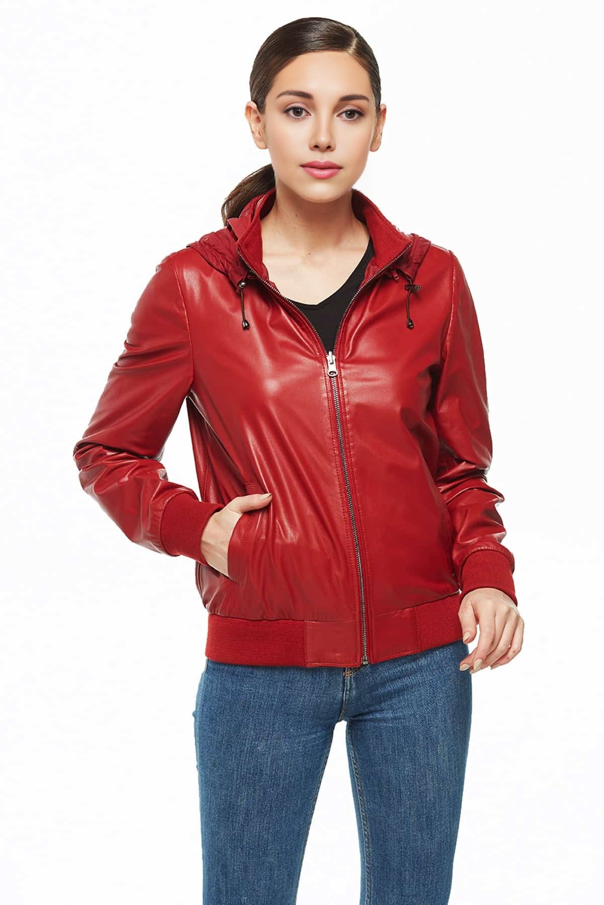 Alison Red Bomber Leather Jacket with Hood For Women