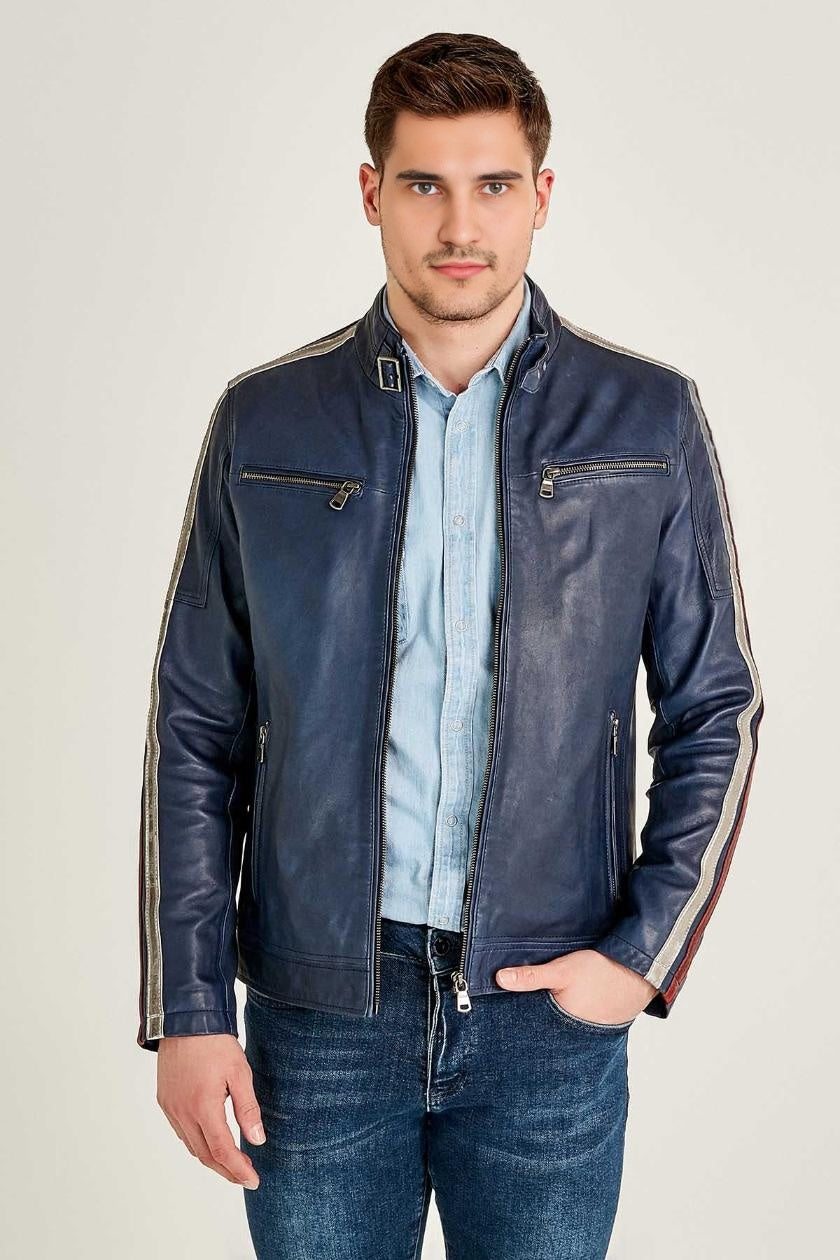 Daytona Blue Cafe Racer leather Jacket For Men