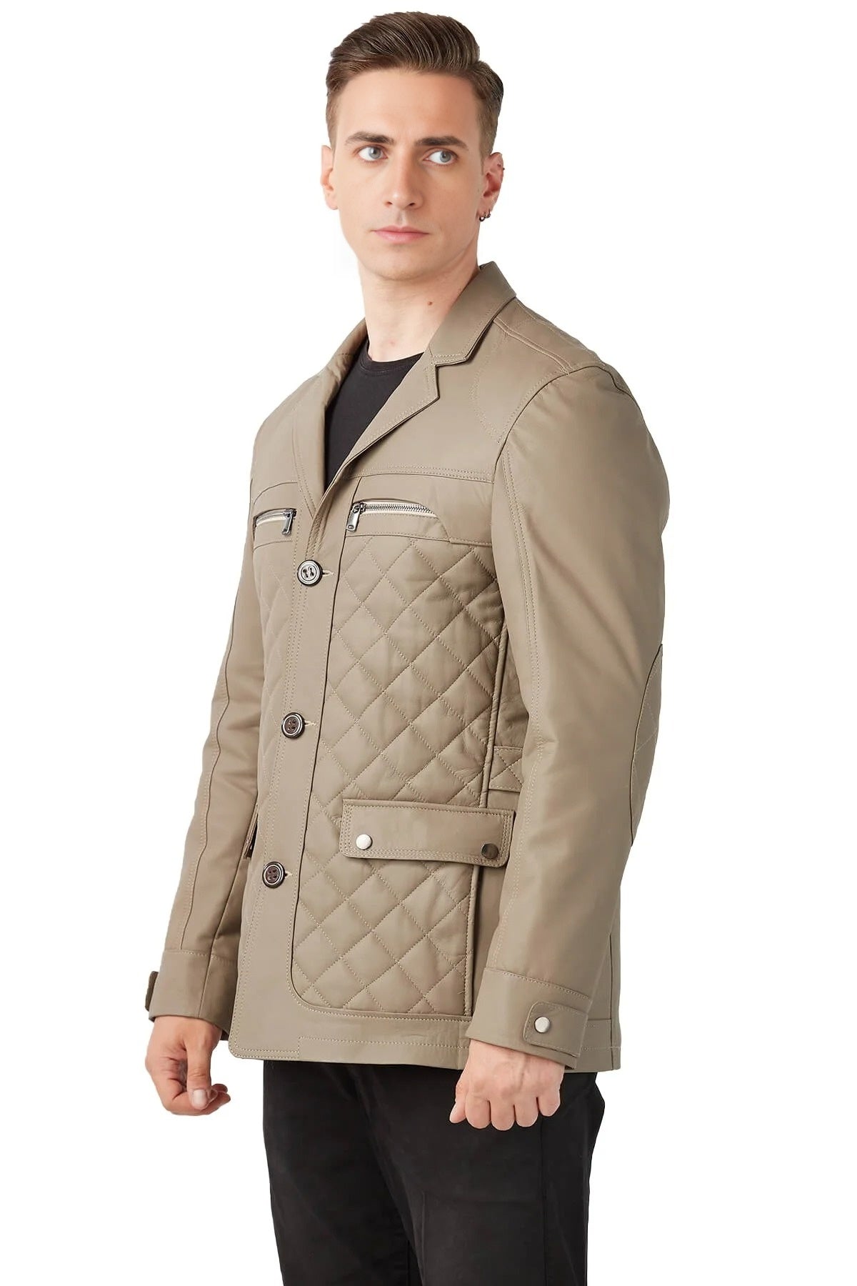 Max Puffer Beige Leather Jacket For Men