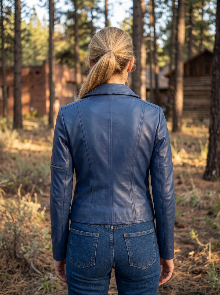 Evelyn Motor Bike Blue Leather Jacket For Women