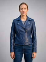 Evelyn Motor Bike Blue Leather Jacket For Women