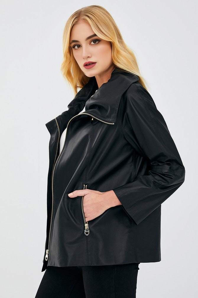 Brenda Free Style Sheepskin Black Leather Coat for Women's