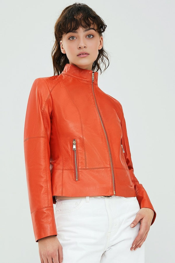 Mariahkay Orange Leather Jacket For Women