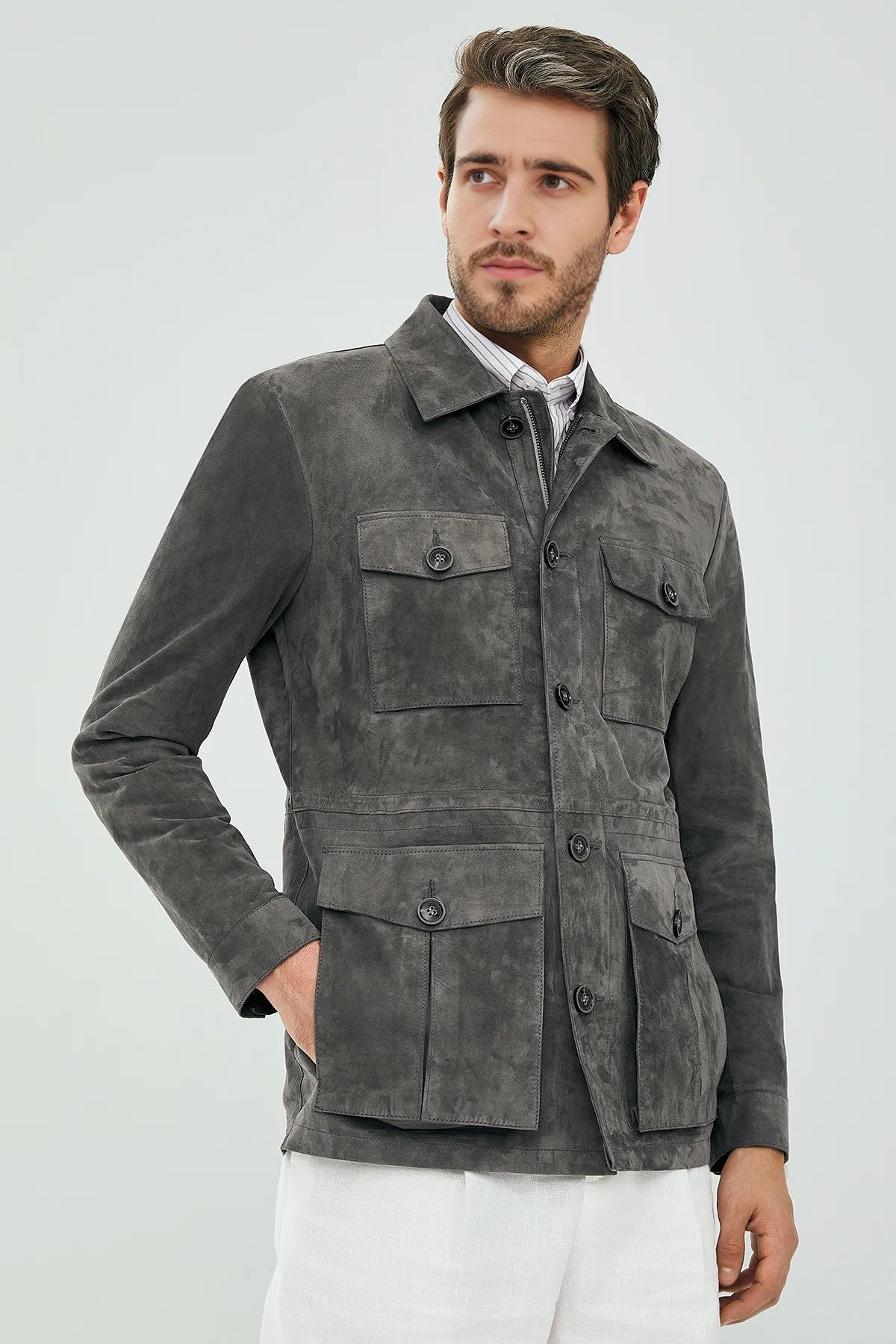 Banocci Suede Grey Stylish Leather Jacket For Men