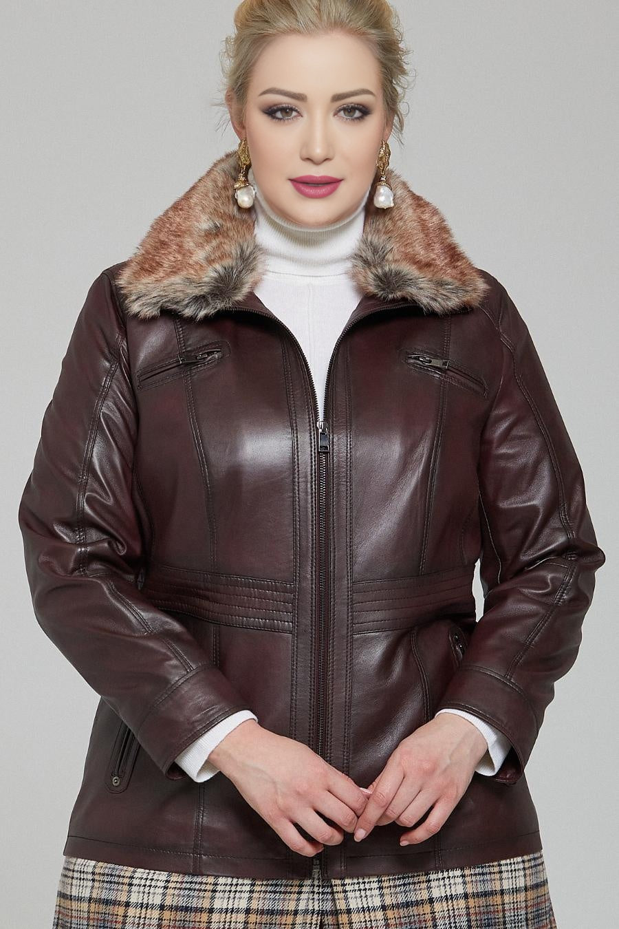 Charlotte Brown Leather Jacket With Fur Collar For Women