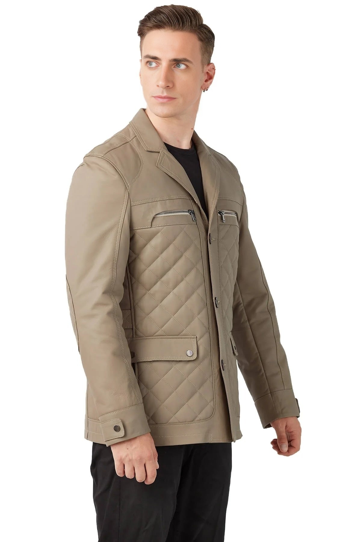 Max Puffer Beige Leather Jacket For Men