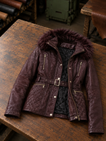 Flamboyant Brown Leather Jacket With Fur Hood And Center Belt For Women
