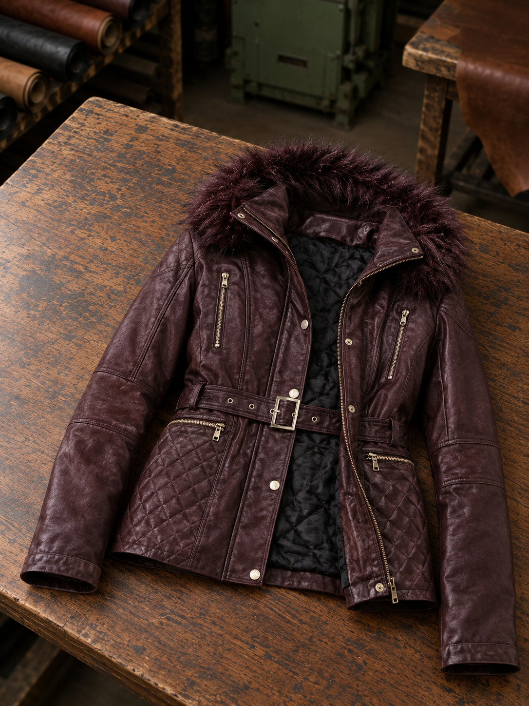 Flamboyant Brown Leather Jacket With Fur Hood And Center Belt For Women