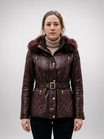 Flamboyant Brown Leather Jacket With Fur Hood And Center Belt For Women