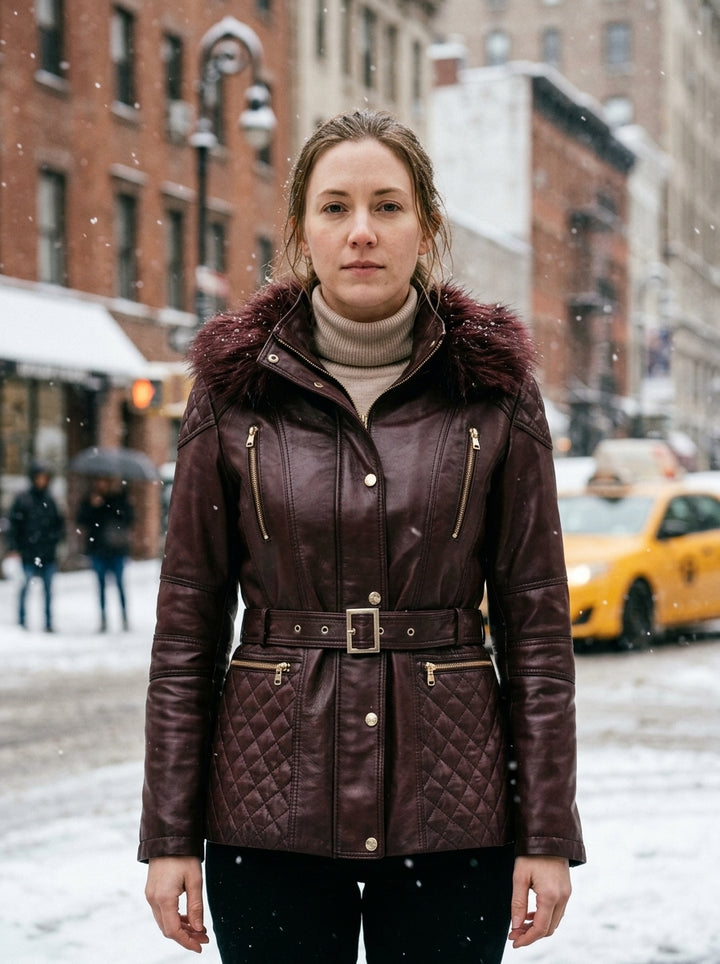 Flamboyant Brown Leather Jacket With Fur Hood And Center Belt For Women