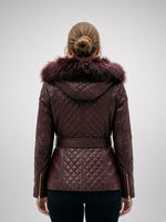 Flamboyant Brown Leather Jacket With Fur Hood And Center Belt For Women