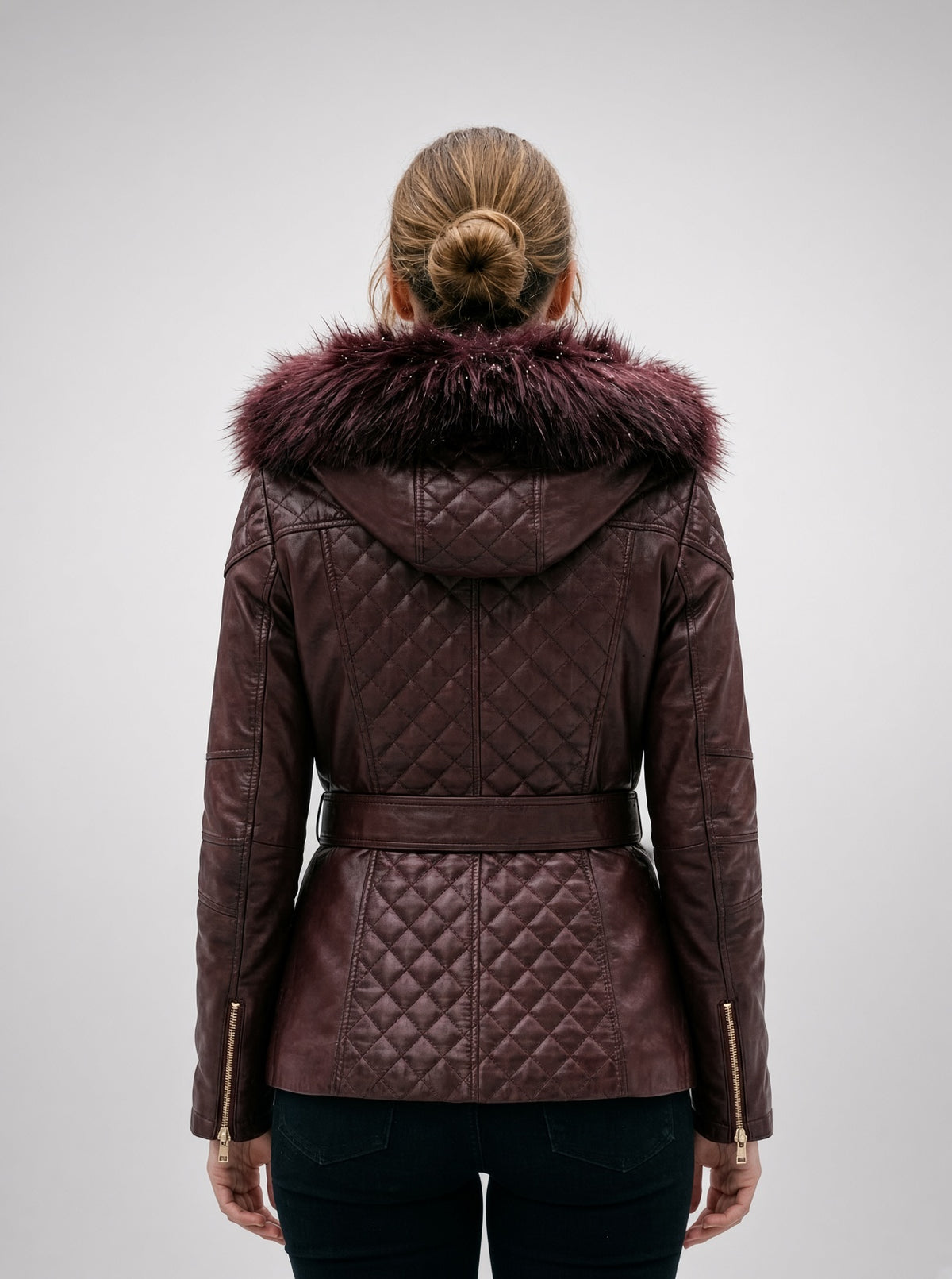 Flamboyant Brown Leather Jacket With Fur Hood And Center Belt For Women