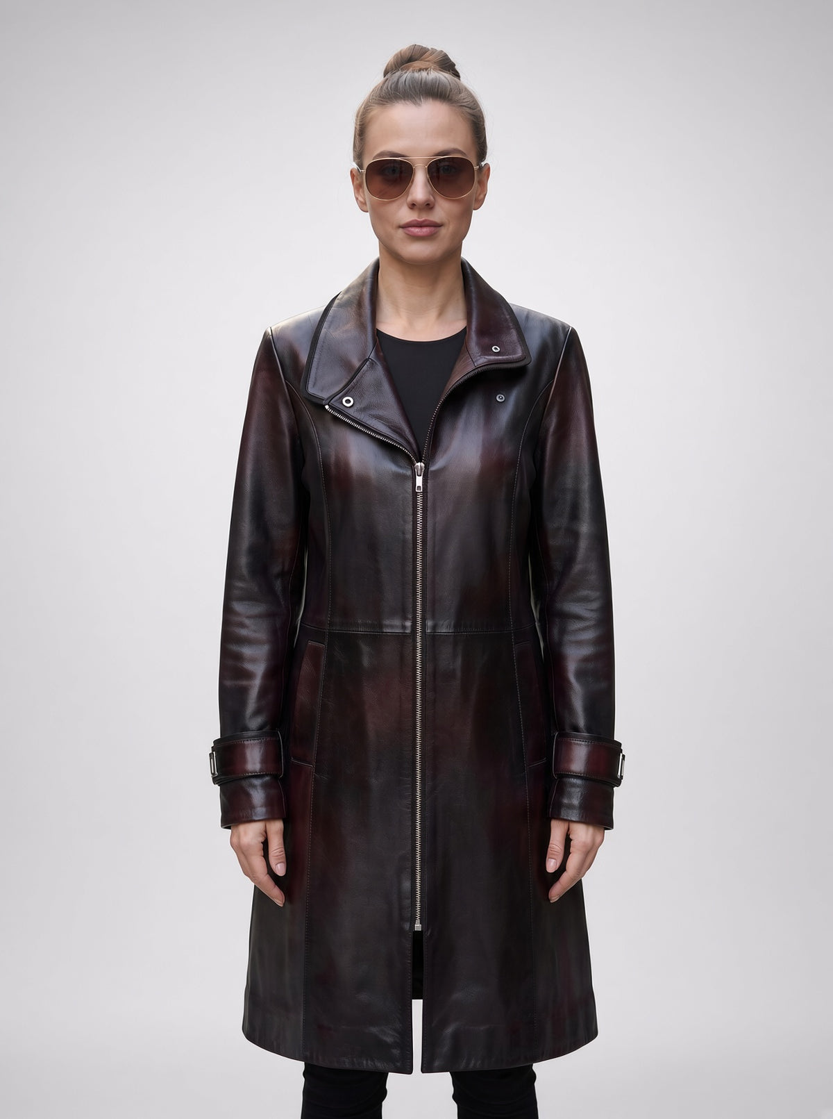 Frances Long Brown Leather Coat For Women
