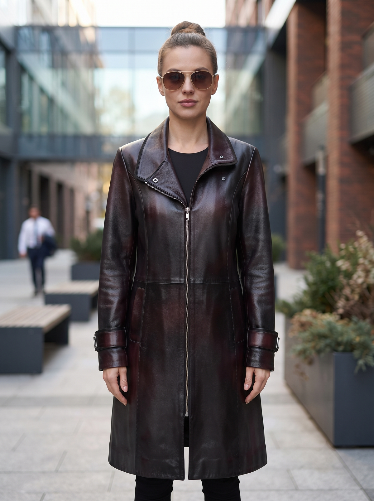 Frances Long Brown Leather Coat For Women