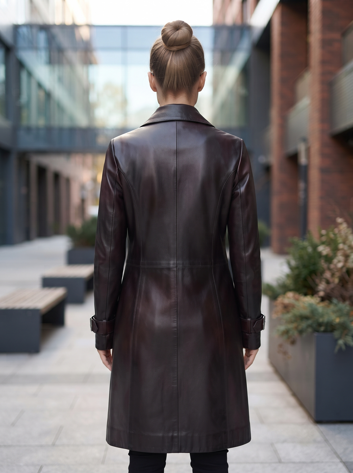 Frances Long Brown Leather Coat For Women