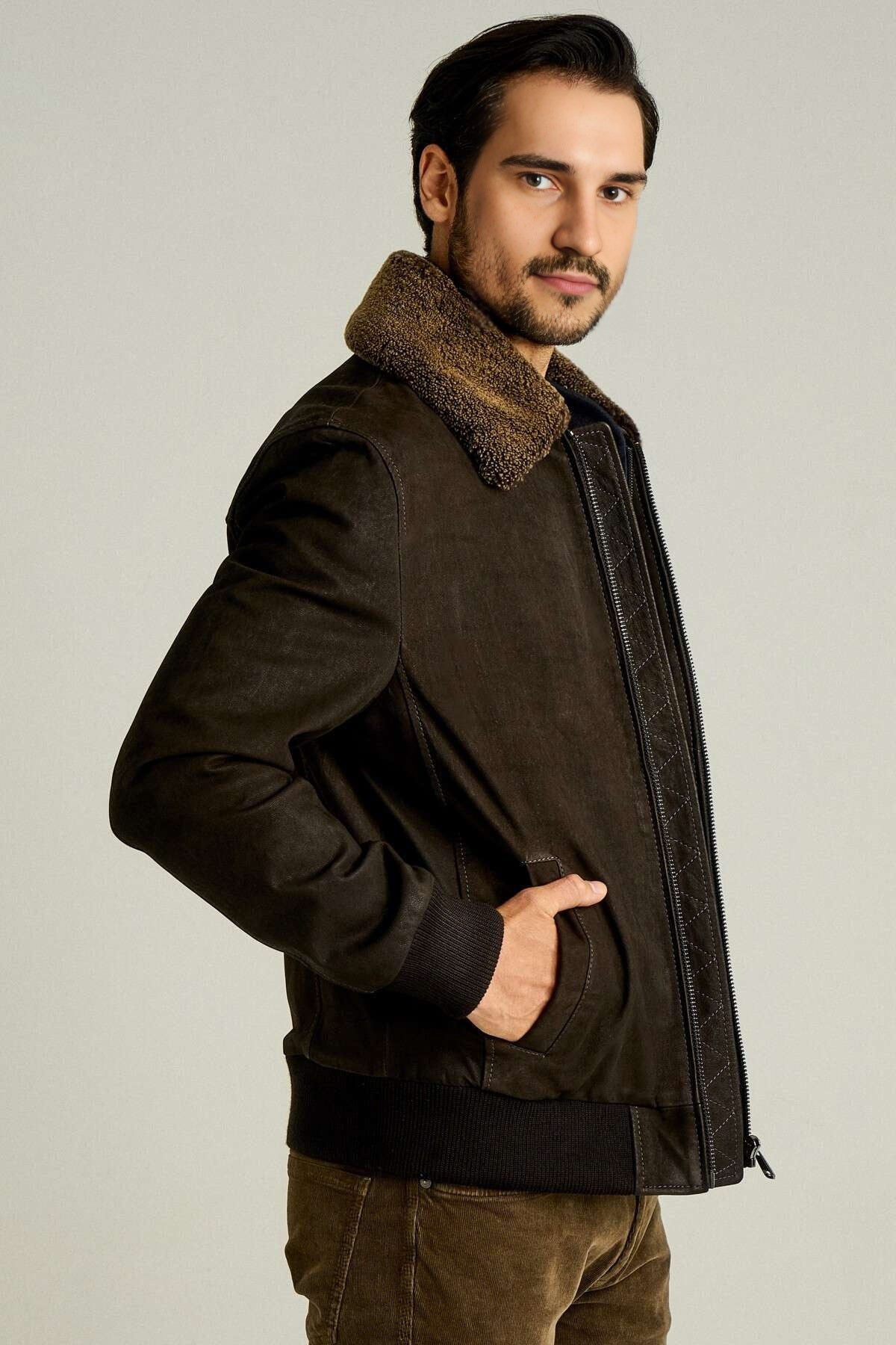 Bomber Dark Brown Fur Collar Jacket For Men