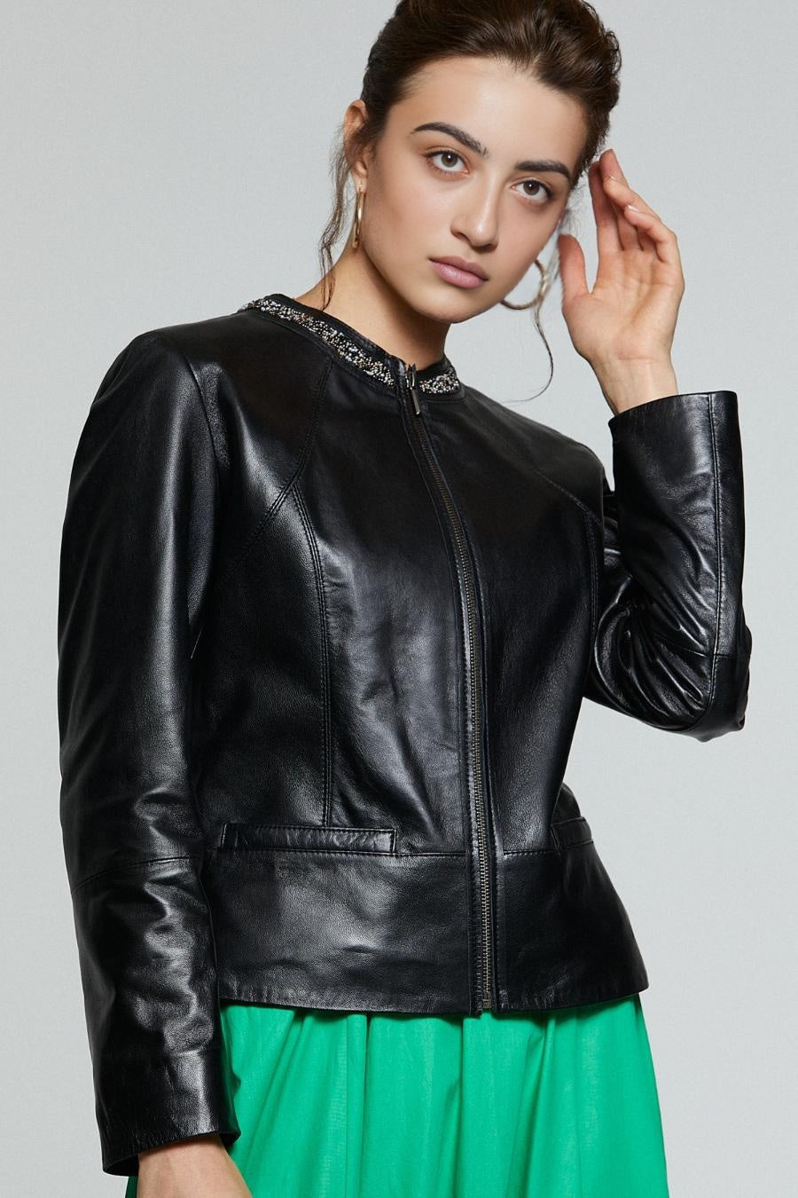 Stone Work Black Leather Jacket For Women