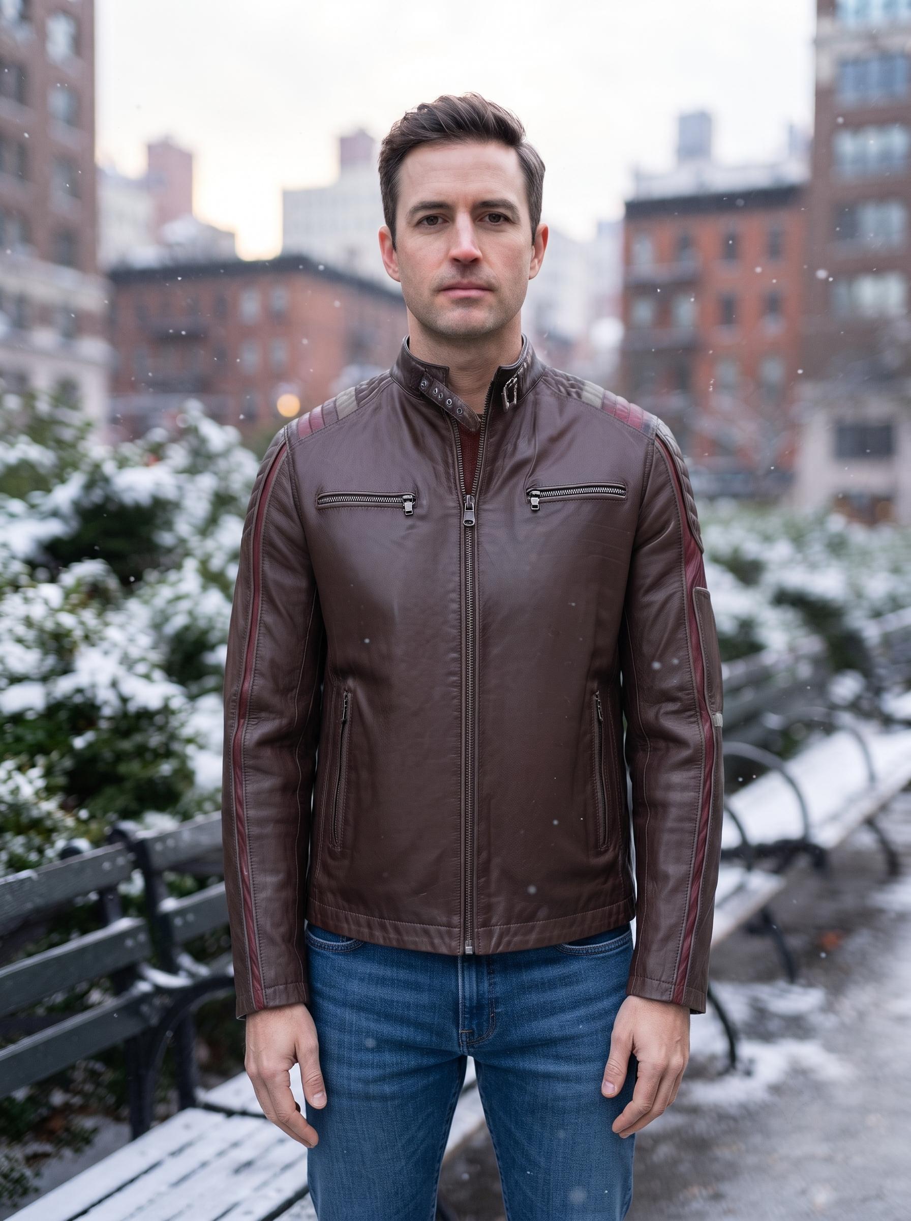 Harrison Men's Brown Leather Jacket With Red Stripe