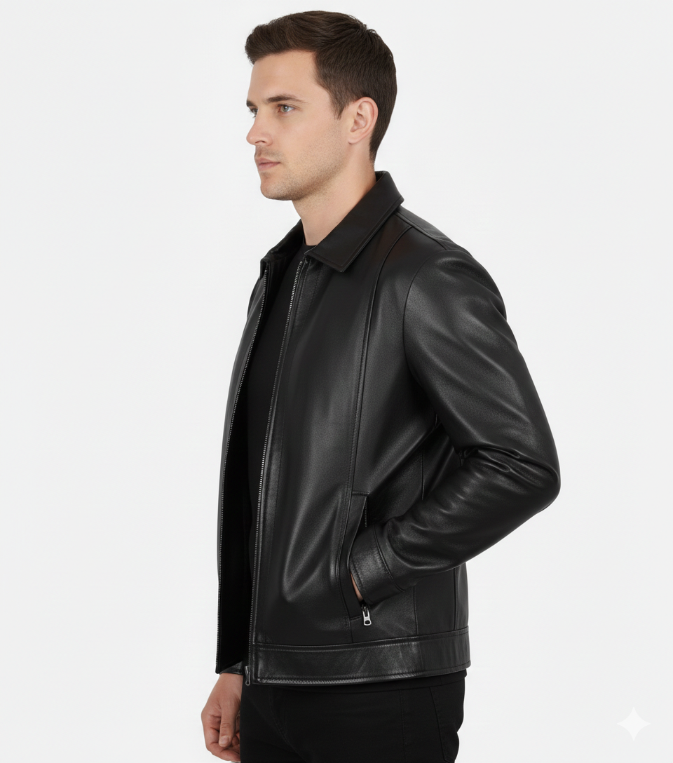Reeves Men's Genuine Black Leather Harrington Jacket