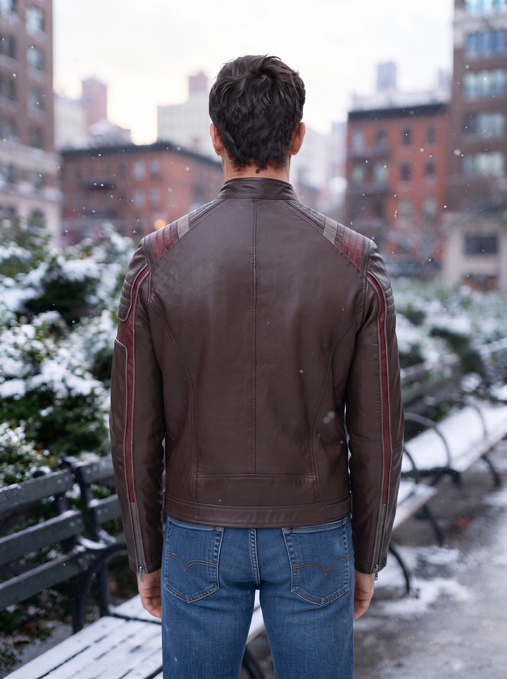 Harrison Men's Brown Leather Jacket With Red Stripe