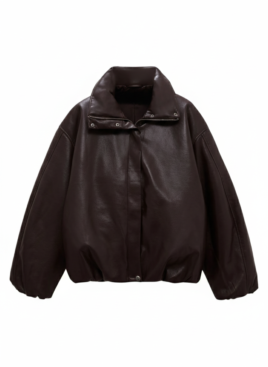 Columbus brown Leather puffer jacket for women