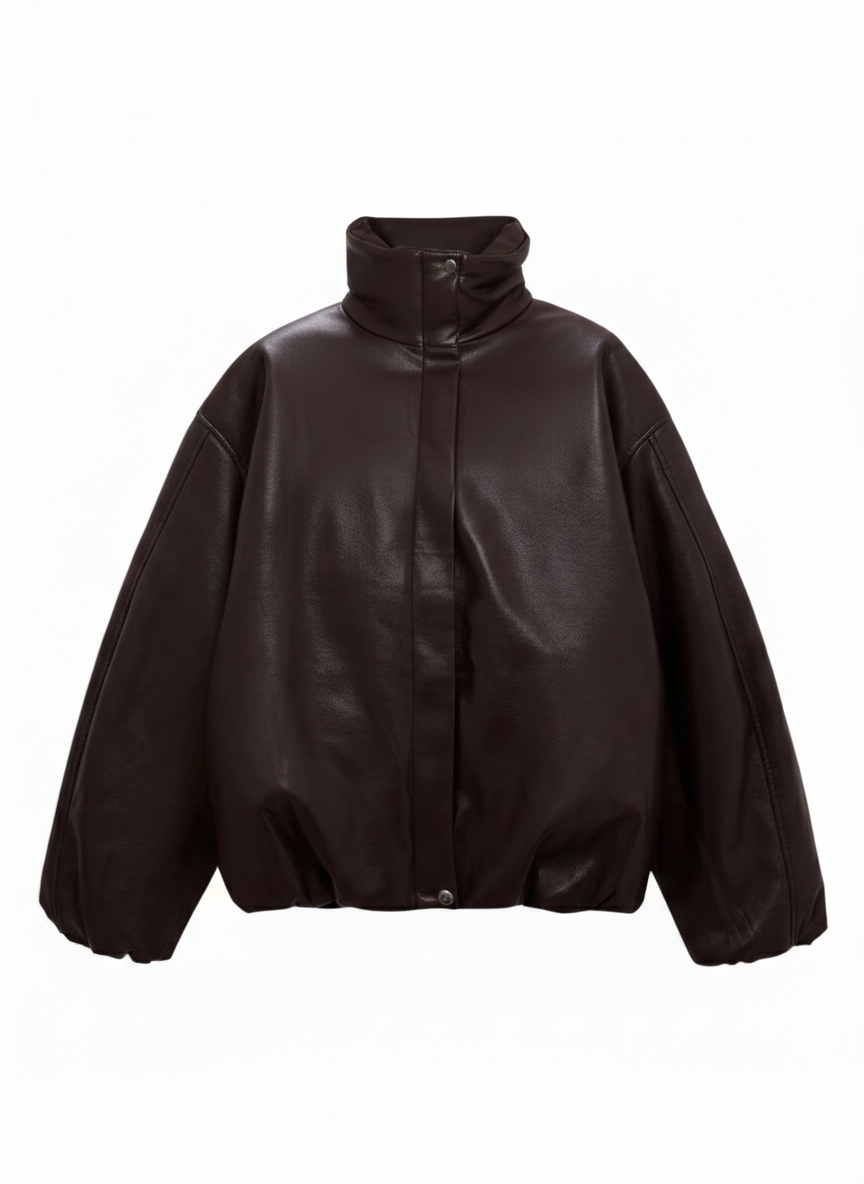 Columbus brown Leather puffer jacket for women