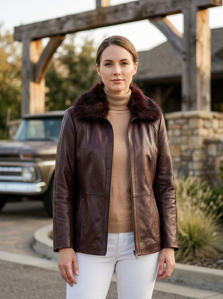 Gemma Dark brown Leather Jacket For Women with Fur Collared