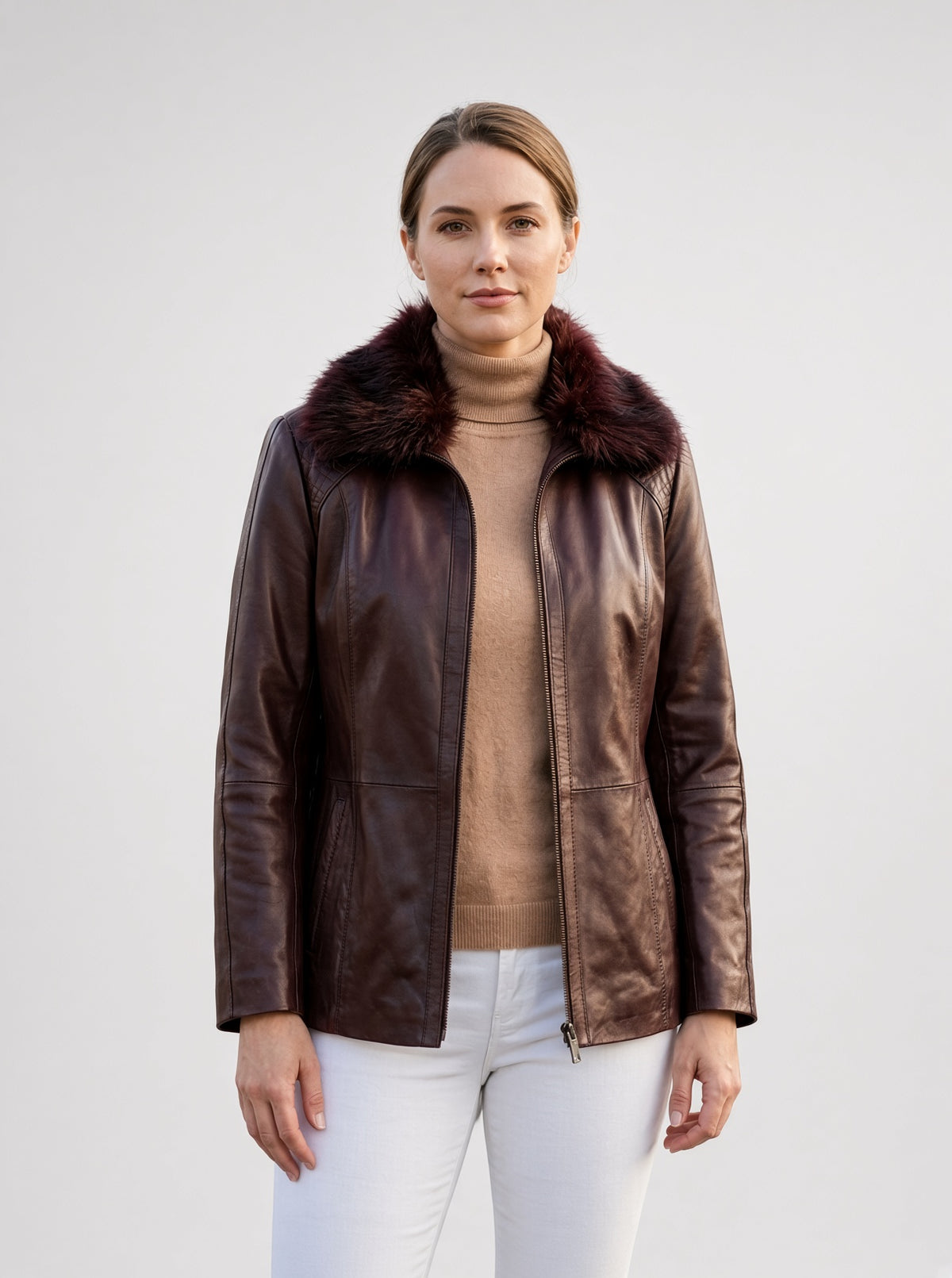 Gemma Dark brown Leather Jacket For Women with Fur Collared